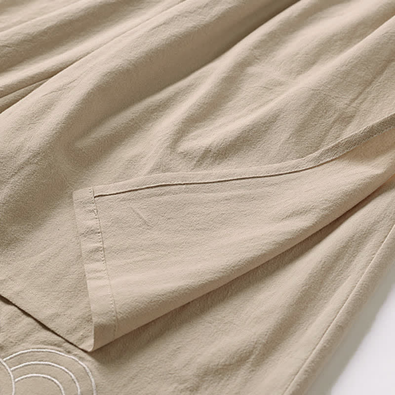 Buddha Stones Summer Embroidery Capri Length Cotton Linen Men's Wide Leg Pants With Pockets
