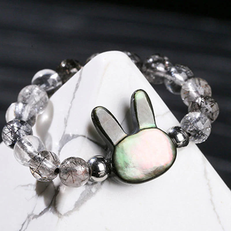 Buddha Stones 3mm Black Rutilated Quartz Tridacna Stone Rabbit Cat Ring