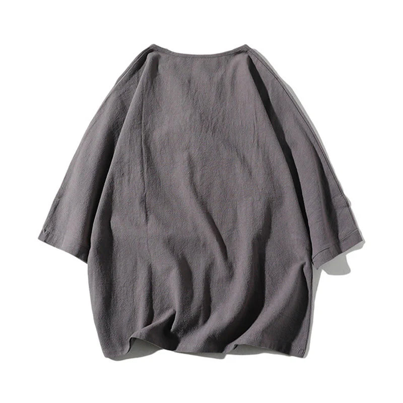 Buddha Stones 2Pcs Plain Notched Collar T-Shirt 7-8 Length Wide Leg Shorts With Pockets Cotton Linen Men's Meditation Cloth Set