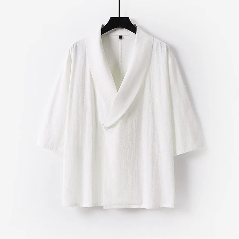 Buddha Stones Summer V-Neck Lapel Half Sleeve Cotton Linen Men's Shirt