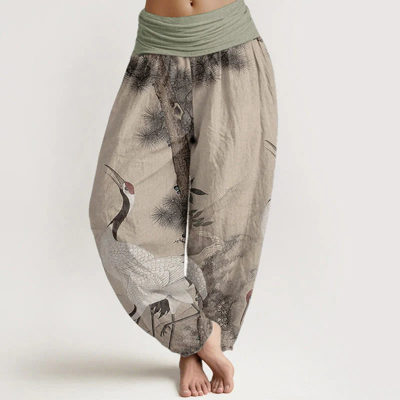 Buddha Stones Pure Cotton Casual Red-crowned Crane Pine Tree Mountain Women's Elastic Waist Harem Pants