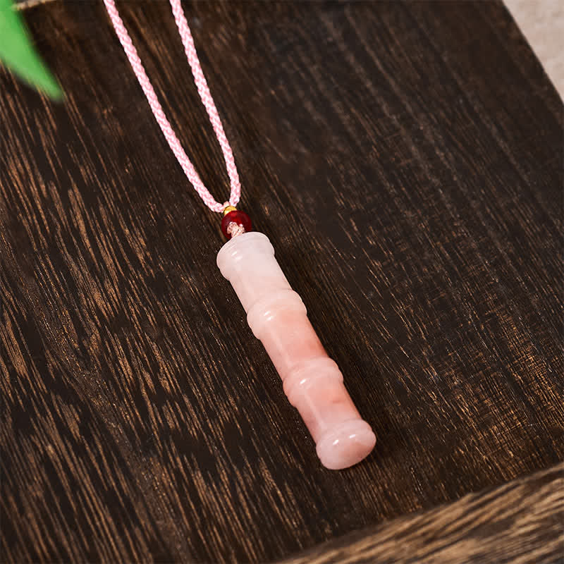 Buddha Stones Craved Bamboo Natural Pink Quartzite Jade Protection Necklace Pendant