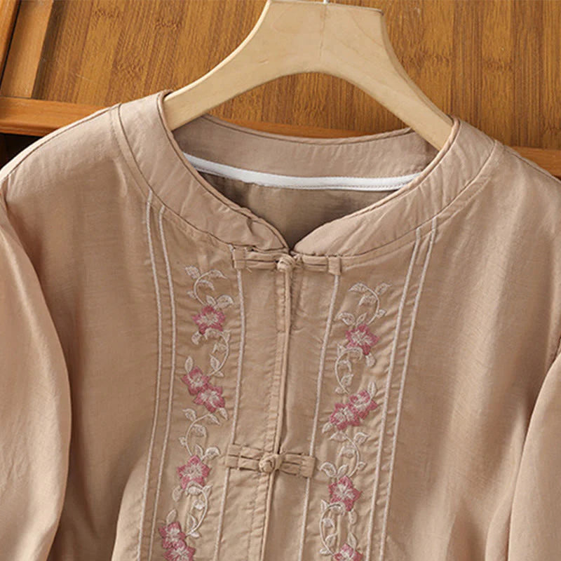 Buddha Stones Casual Embroidery Frog-Button Cotton Polyester Half Sleeve Women's Stand Collar Shirt