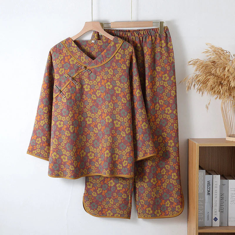 Buddha Stones 2pcs Floral Pattern Frog-Button Long Sleeve Round Neck Shirt Pants Cotton Pajamas Set