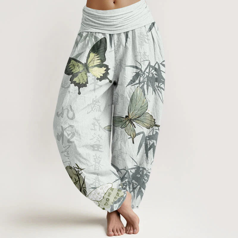 Buddha Stones Cotton Butterfly Bamboo Leaves Chinese Characters Pattern Women's Elastic Waist Harem Pants