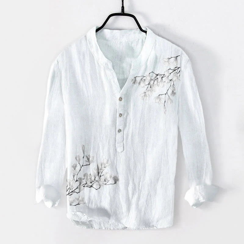 Buddha Stones Magnolia Flowers Branches Pattern Half Buttons Men's Cotton Linen Long Sleeve Shirt
