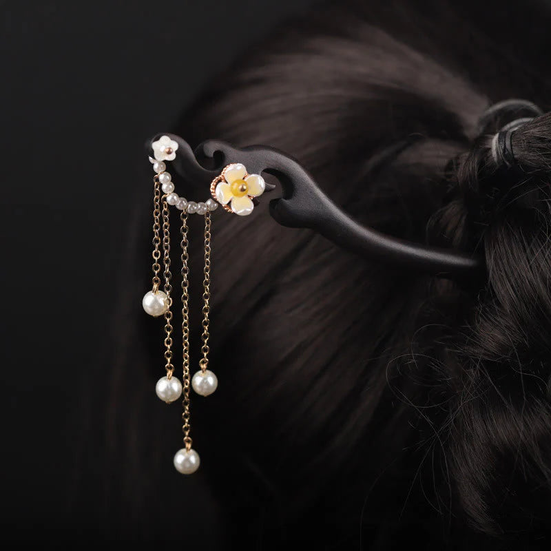 Buddha Stones Ebony Shell Flower Pearl Tassel Blessing Hairpin
