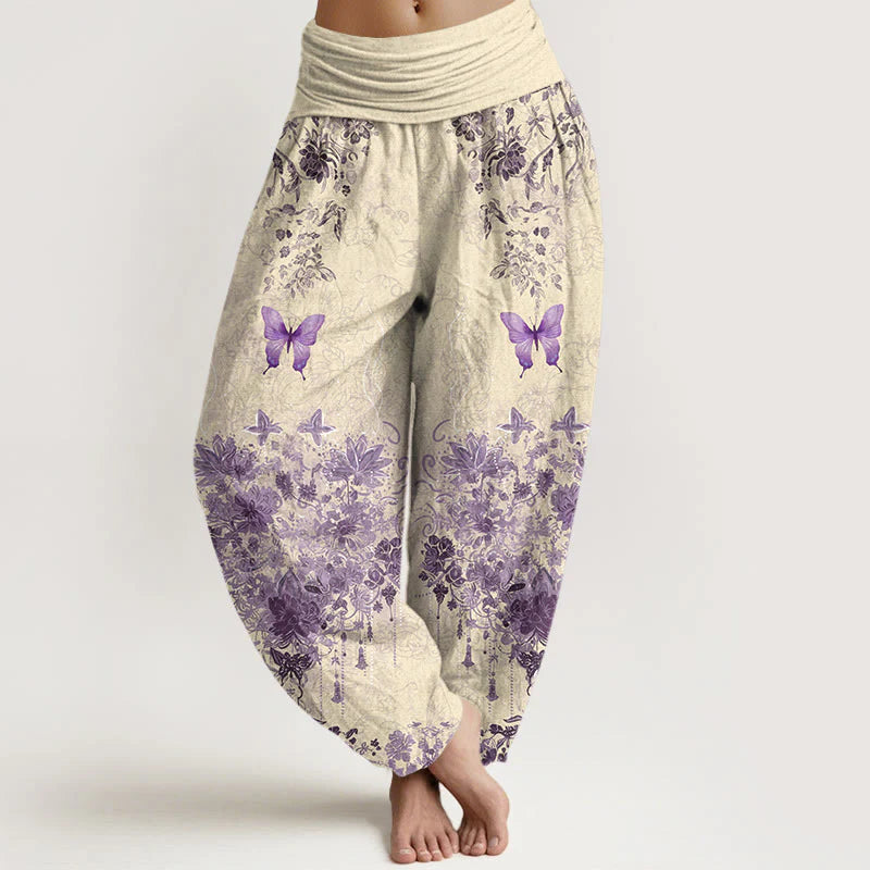 Buddha Stones Cotton Butterfly Floral Pattern Women's Elastic Waist Harem Pants