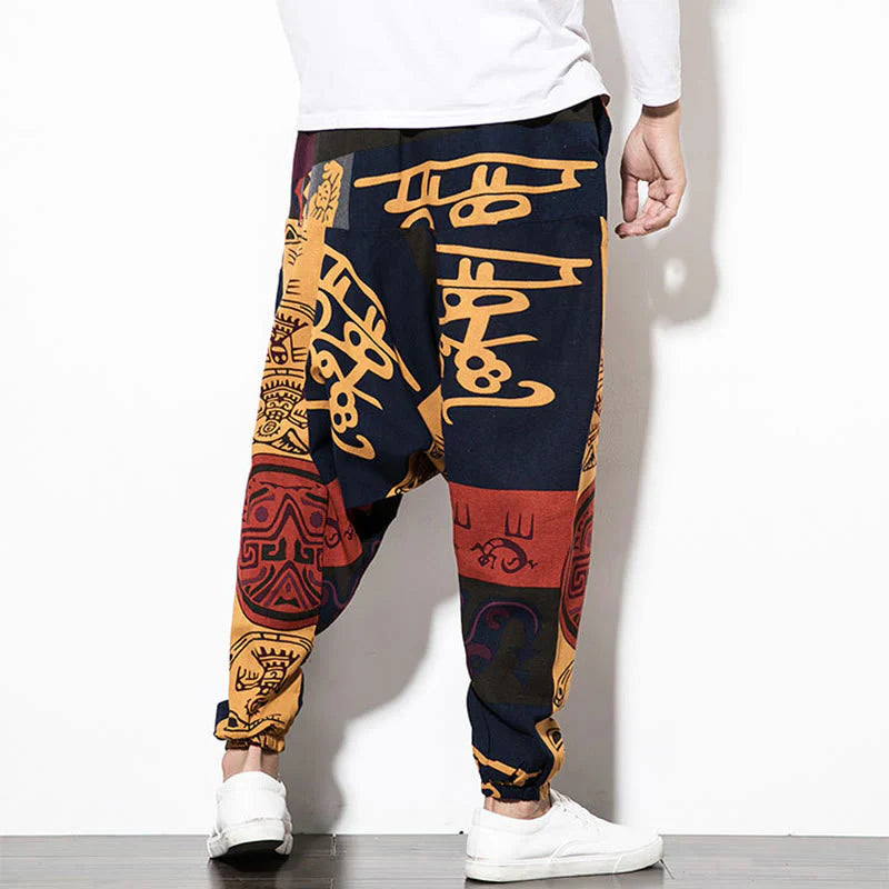 Buddha Stones Red Brown Graffiti Bird Print Men's Harem Pants With Pockets