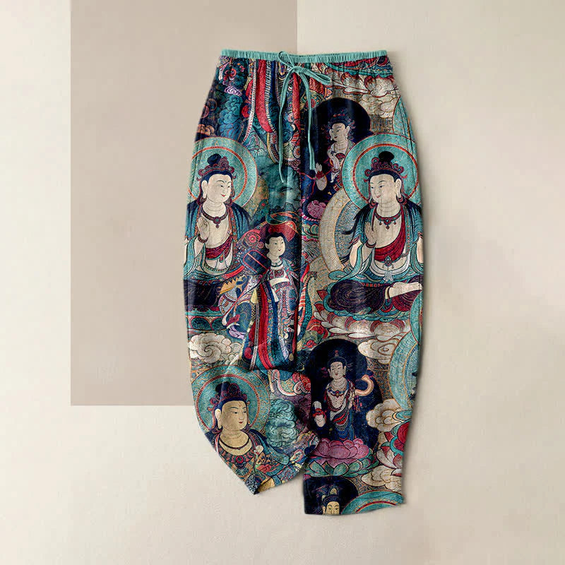 Buddha Stones Multiple Buddhas Pattern Elastic Waist Women's Pure Cotton Pants With Pockets