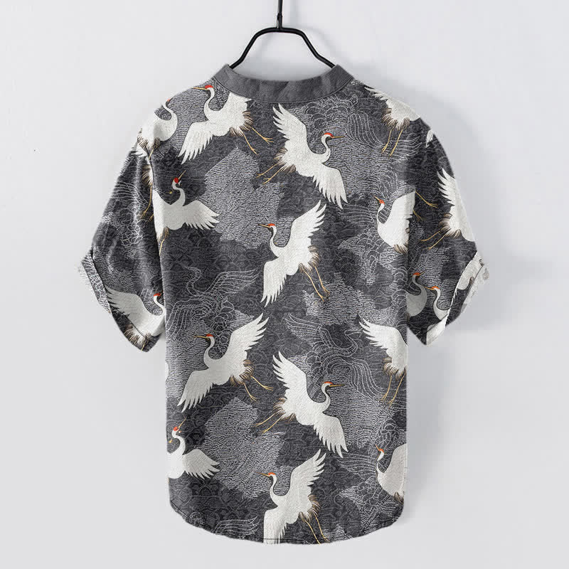 Buddha Stones Crane Short Sleeve Men's Shirt Resort Casual
