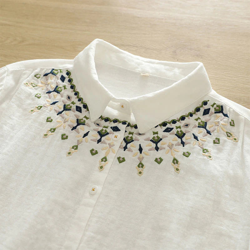 Buddha Stones Fall White Geometric Embroidery Buttons Women's Cotton Long Sleeve Shirt