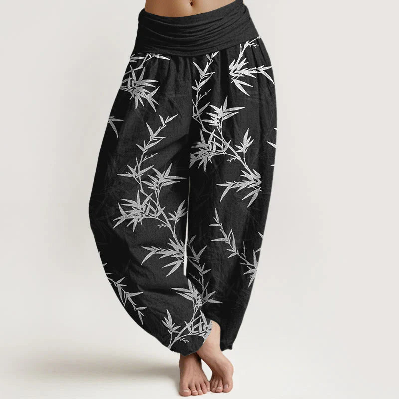 Buddha Stones Pure Cotton White Bamboo Leaves Women's Elastic Waist Harem Pants