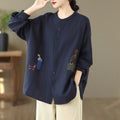Buddha Stones Fall Embroidery Human Figure Dog Pattern Round Neck Buttons Women's Long Sleeve Shirt