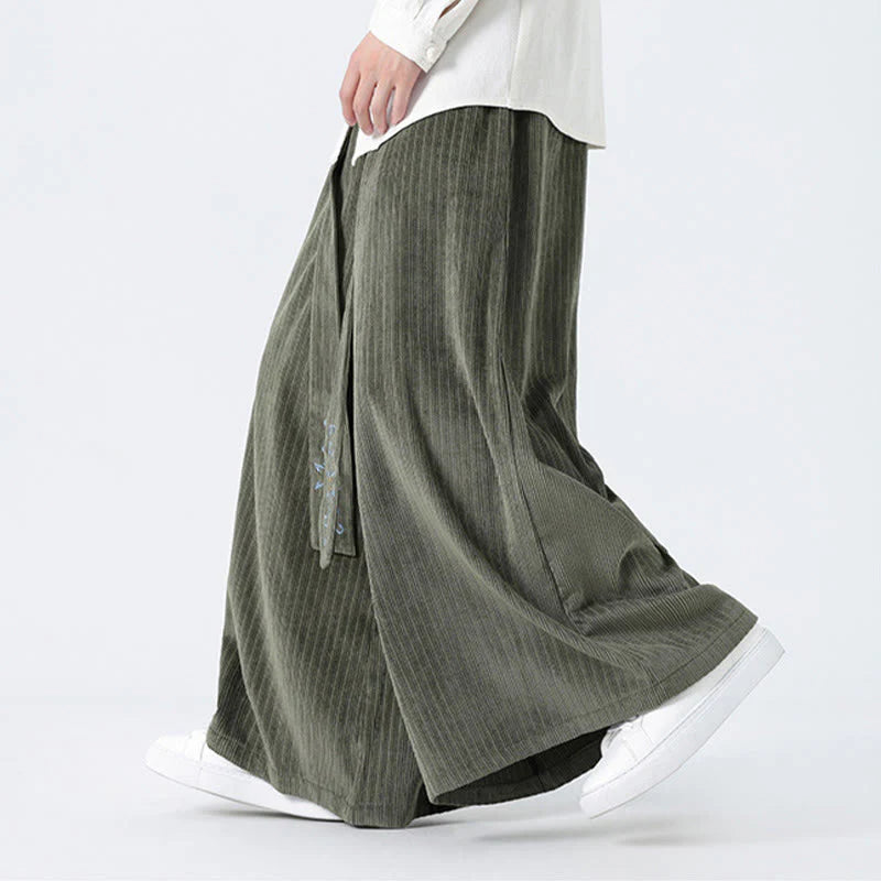 Buddha Stones Casual Embroidery Drawstring Design Men's Corduroy Wide Leg Pants With Pockets
