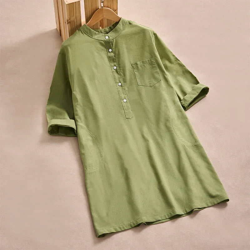 Buddha Stones Fall Solid Color Buttons Design Three Quarter Sleeve Cotton Women's Shirts With Pockets