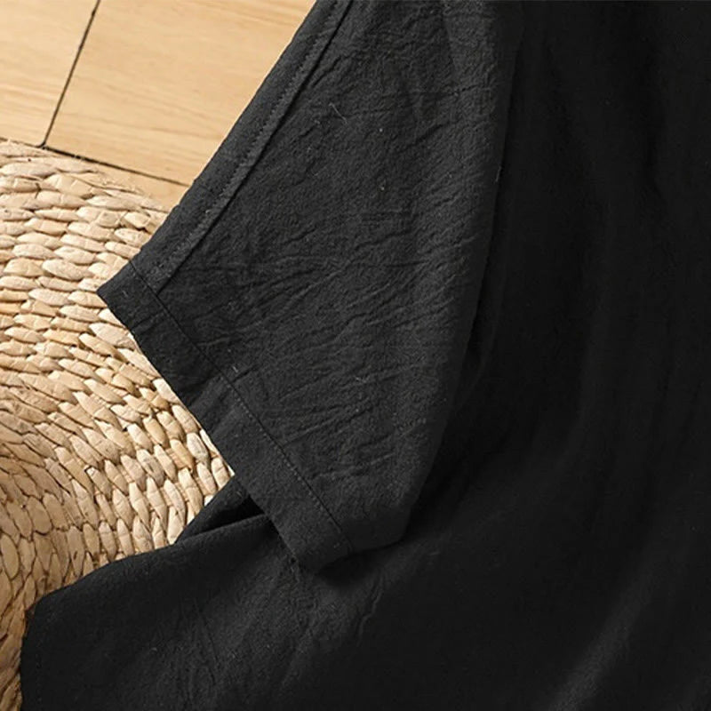 Buddha Stones Casual Plain Buttons Half Sleeve Women's Cotton Linen Shirt With Pocket