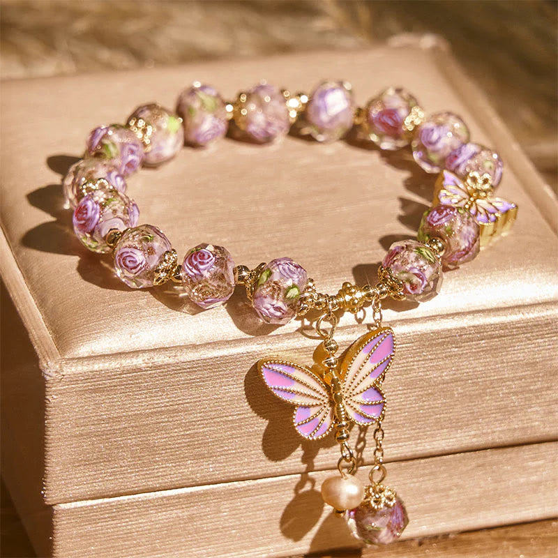 Buddha Stones Double Butterflies Charm Flower Liuli Glass Beaded Love Bracelet