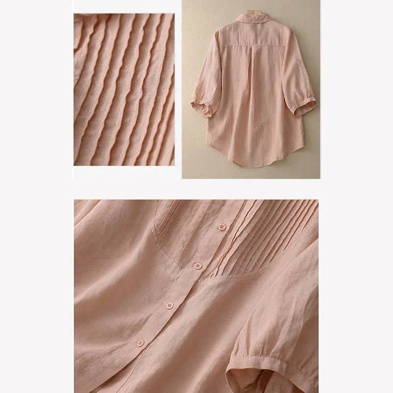 Buddha Stones Spring Pleated Pintuck Peter Pan Collar Half Sleeve Women's Shirt