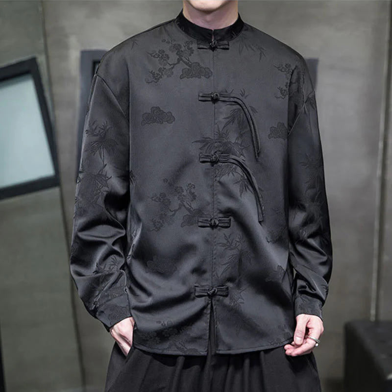 Buddha Stones Plain Frog-Button Design Tang Suit Men's Long Sleeve Jacket