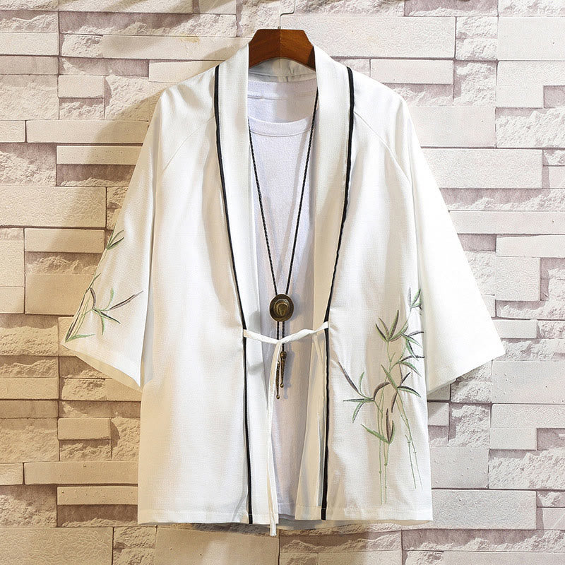 Buddha Stones Embroidery Dragon Phoenix Auspicious Cloud Waves Leaves Cranes Open Front Jacket Men's Kimono