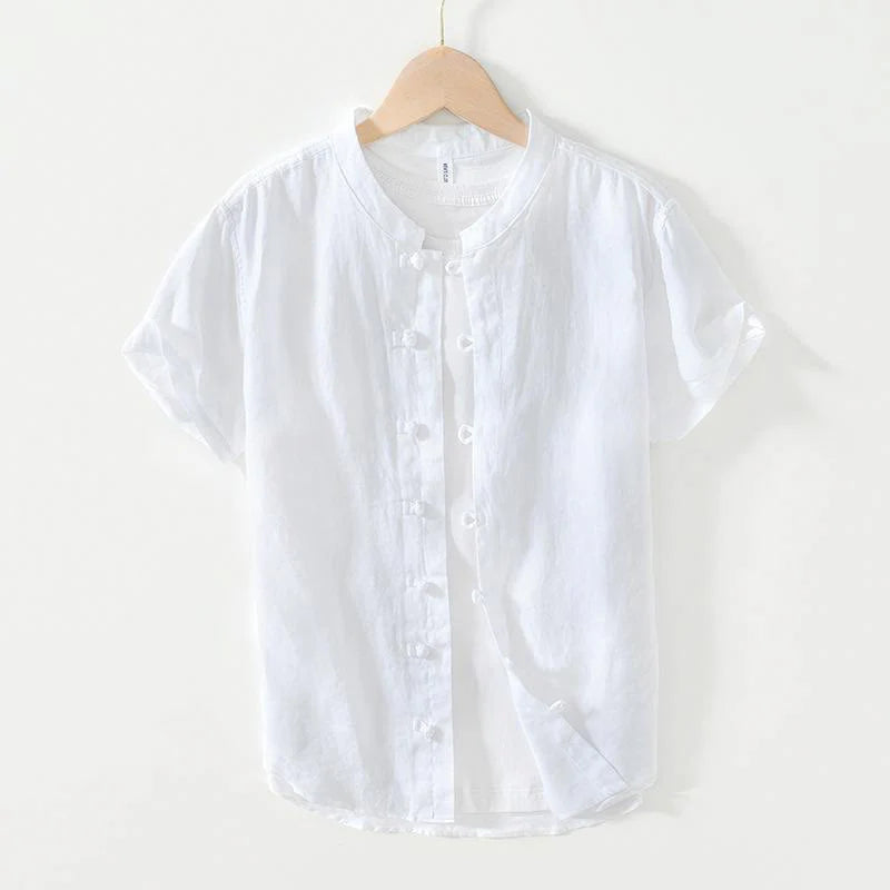 Buddha Stones Daily Frog-Button Stand Collar Short Sleeve Linen Men's Shirt