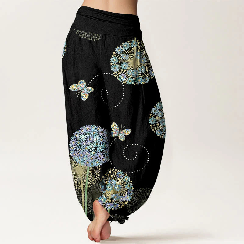 Buddha Stones Cotton Dreamlike Dandelion Butterfly Pattern Women's Elastic Waist Harem Pants