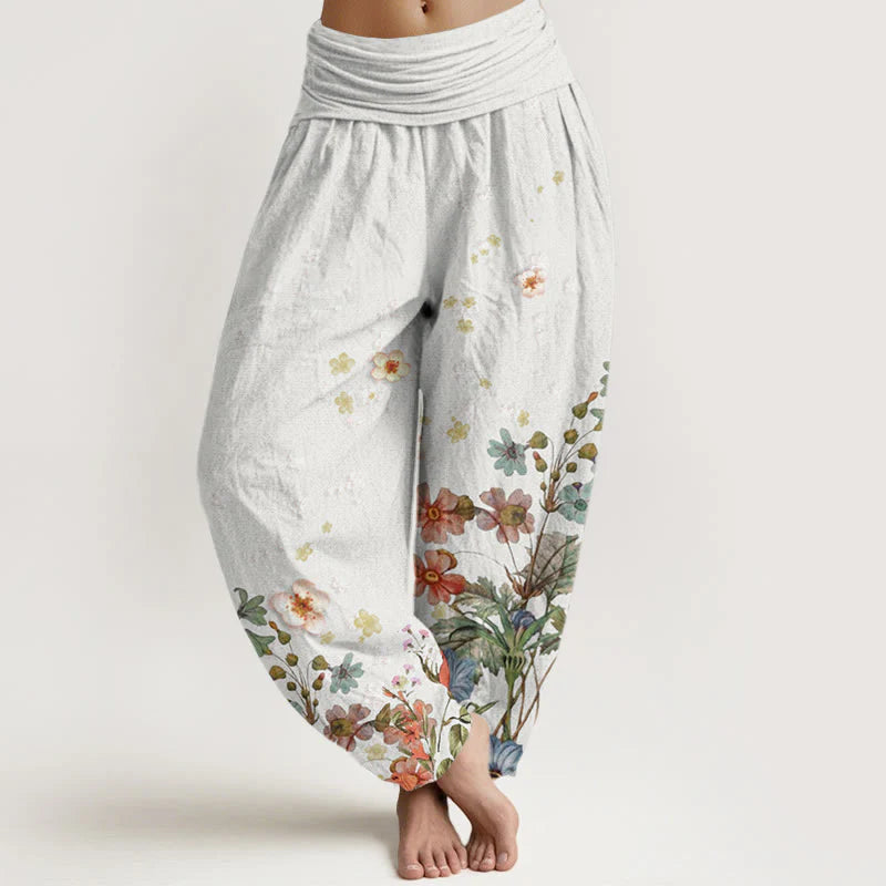 Buddha Stones Cotton Various Flowers Pattern Women's Elastic Waist Harem Pants