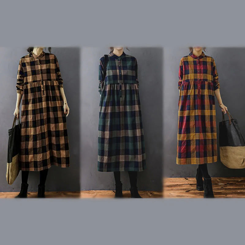 Buddha Stones Commute Patchwork Color Plaid Long Sleeve Cotton Midi Dress