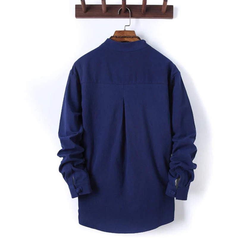 Buddha Stones 2Pcs Solid Color Men's Frog-Button Long Sleeve Cotton Shirt Pants Set With Pockets