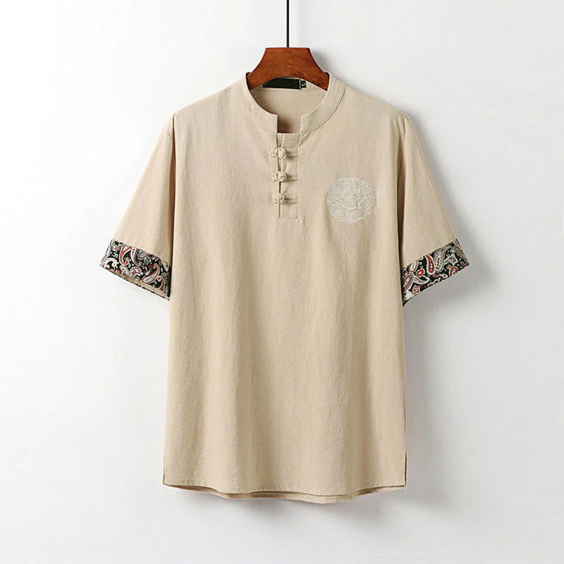 Buddha Stones Summer Frog-Button Auspicious Clouds Embroidery Design Short Sleeve Cotton Linen Men's Shirt