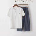 Buddha Stones Summer 2Pcs Plain Short Sleeve T-Shirt 7-8 Length Pants Cotton Linen Tang Suit Men's Meditation Cloth Set With Pockets