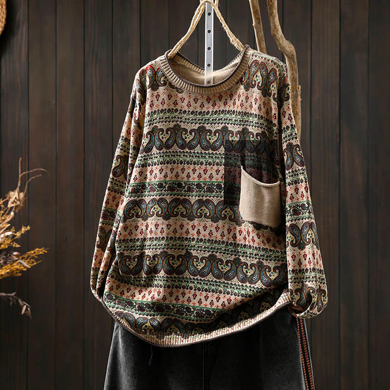 Buddha Stones Fall Plant Floral Pattern Crew Neck Long Sleeve Women's Cotton Sweater With Pocket