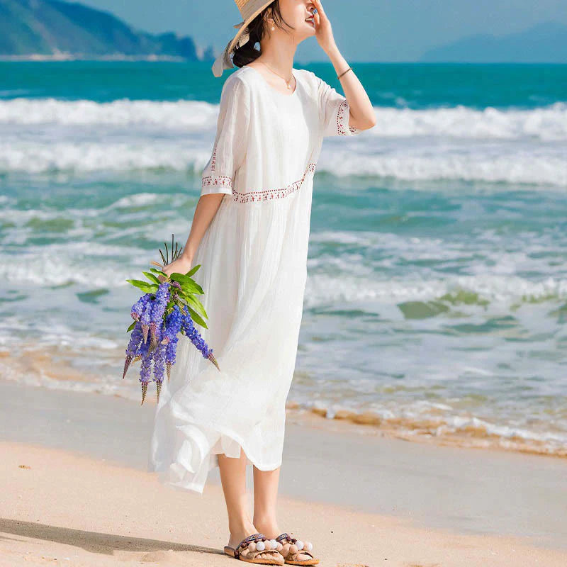 Buddha Stones Solid Color Embroidery Short Sleeve Cotton Midi Dress
