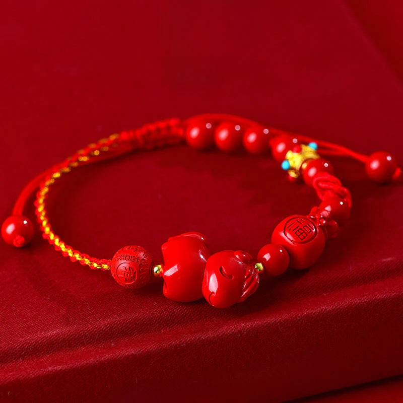 Buddha Stones Year of the Horse Natural Cinnabar Fu Character Lucky Bag Blessing Bracelet