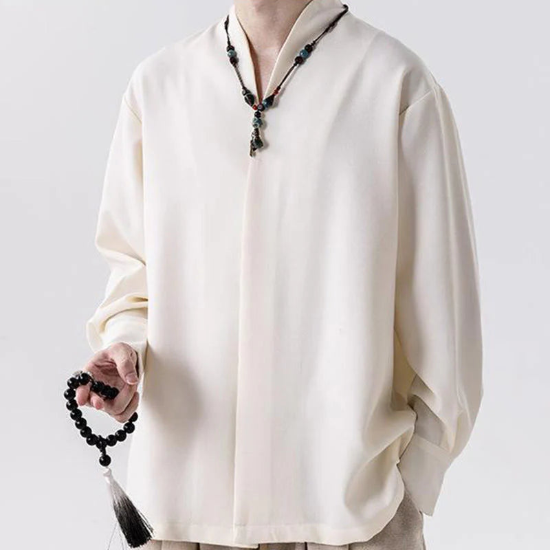 Buddha Stones Solid Fall Long Sleeve Hidden Half Button Design Men's Shirts