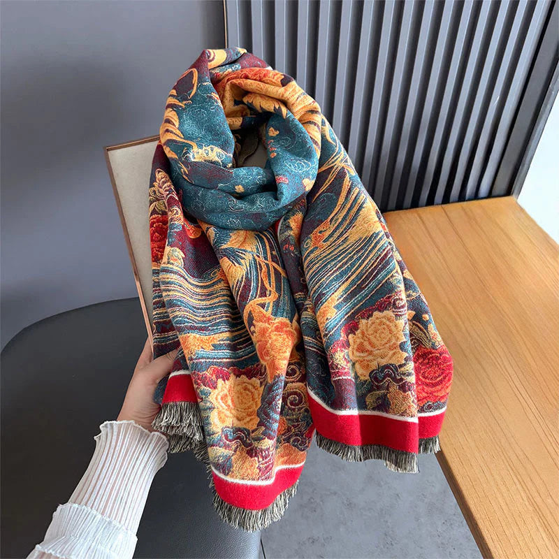 Buddha Stones Winter Phoenix Flowers Birds Pattern Tassels Thermal Soft Scarf Shawl