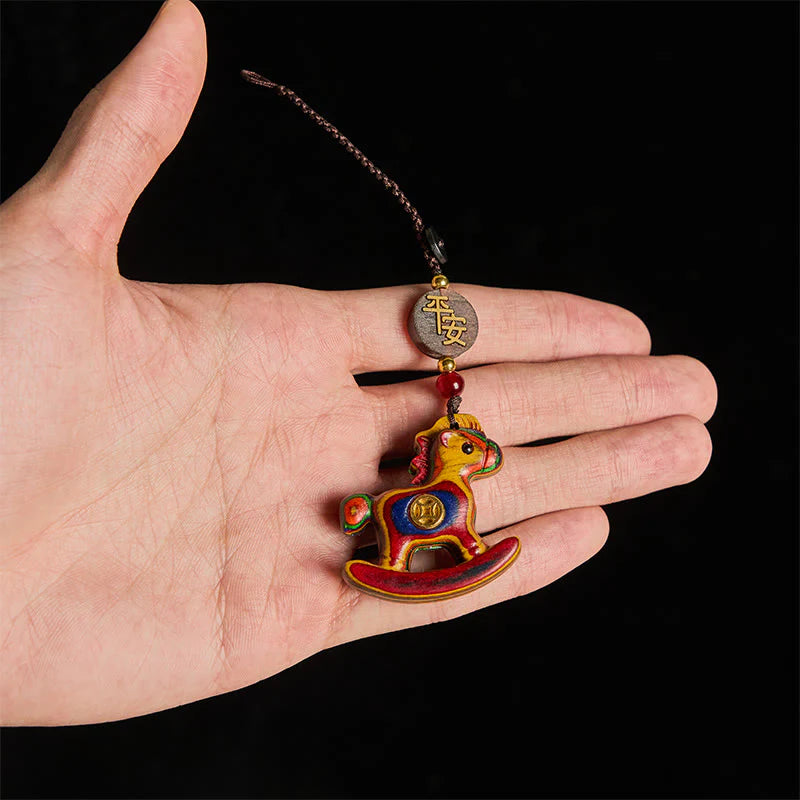 Buddha Stones Year of the Horse Rainbow Eucalyptus Small Leaf Red Sandalwood Linden Wood Ebony Carved Positive Key Chain