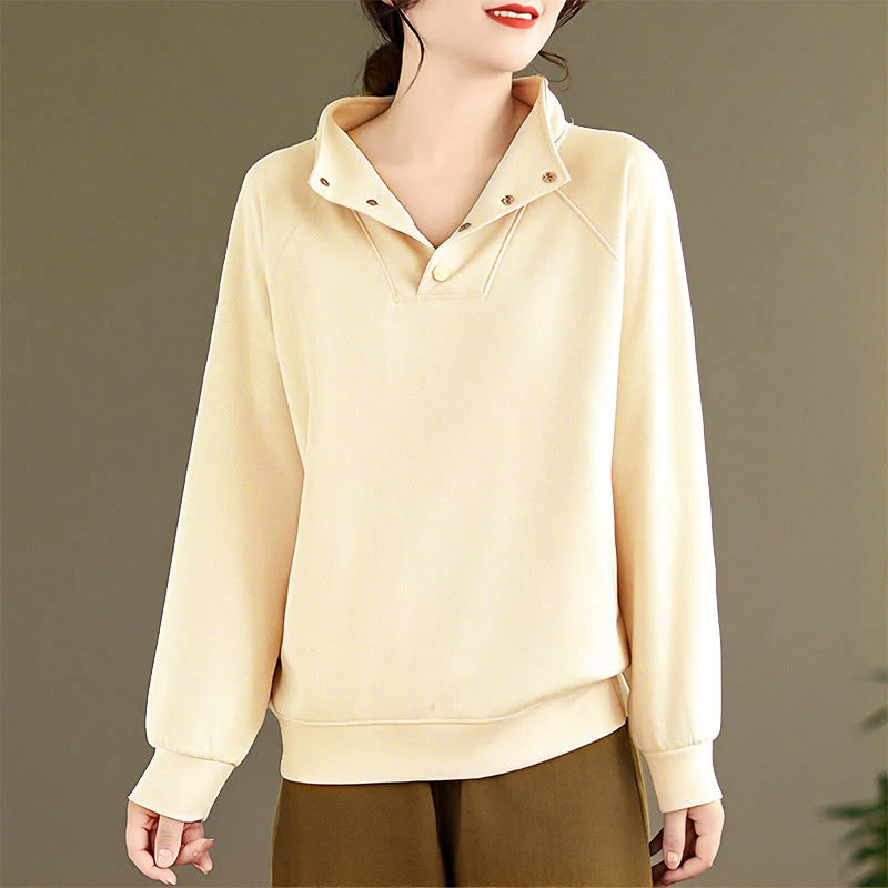 Buddha Stones Fall Solid Stand Collar Buttons Design Long Sleeve Women's Cotton Sweatshirt