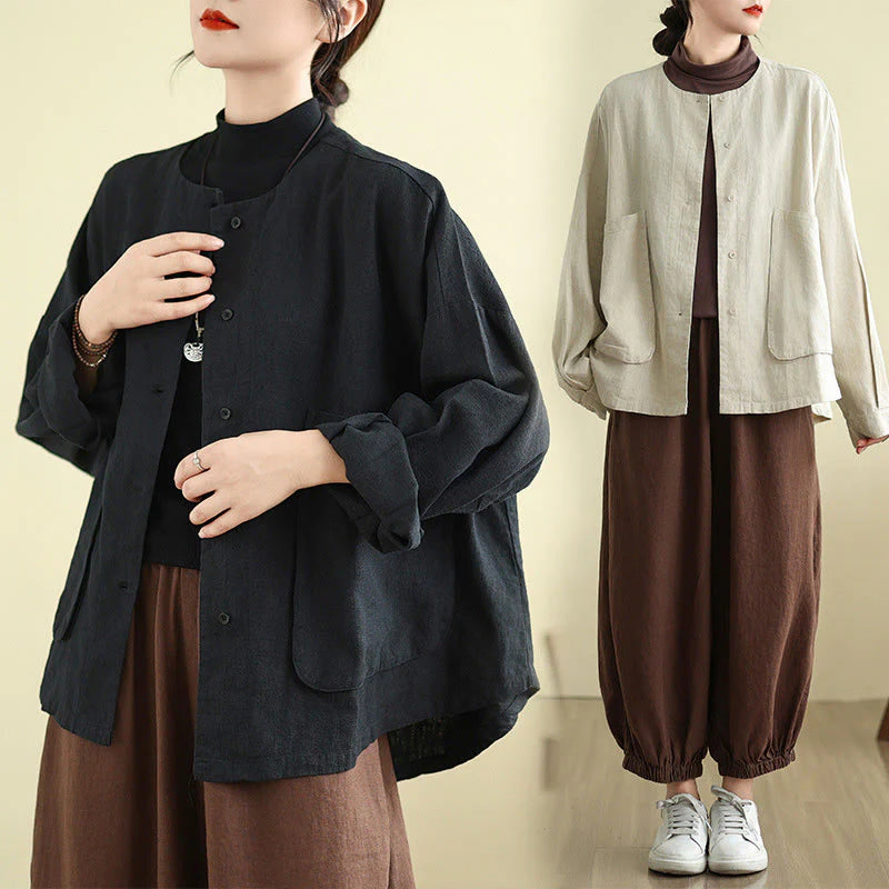 Buddha Stones Women's Long Sleeve Crew Neck Cotton Jacket With Pockets