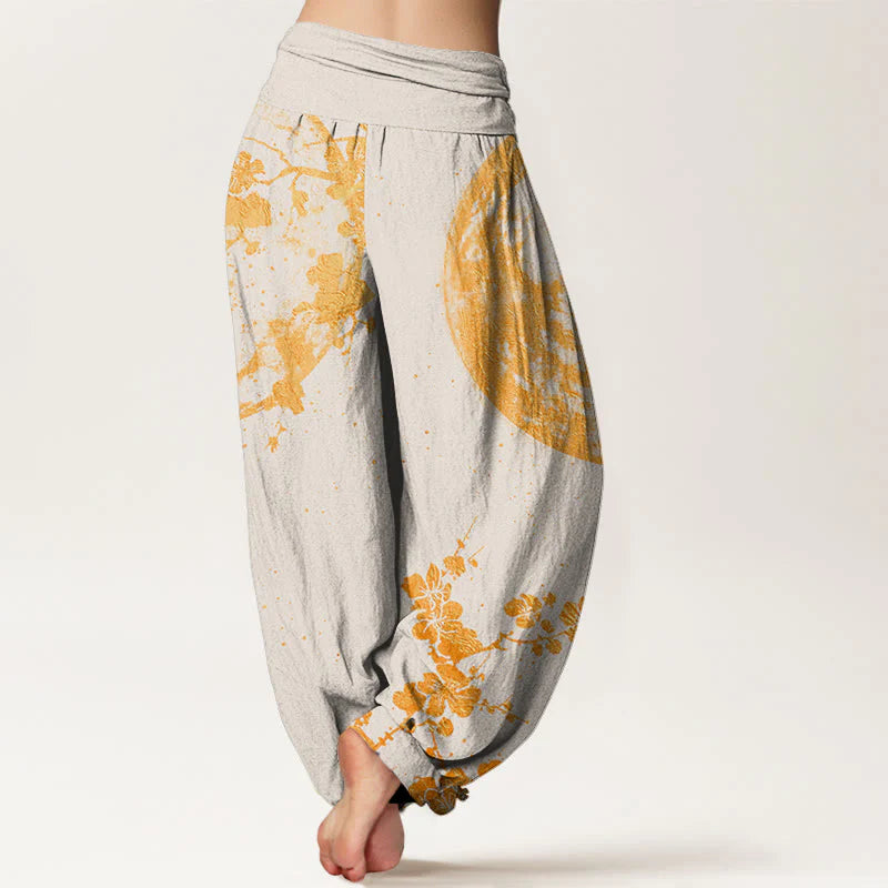 Buddha Stones Cotton Golden Plum Blossom Full Moon Pattern Women's Elastic Waist Harem Pants