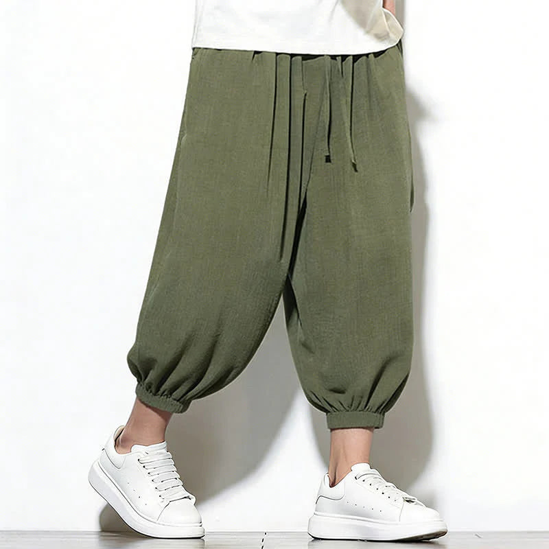 Buddha Stones Spring Solid Color Drawstring Elastic Design Men's Harem Capri Pants