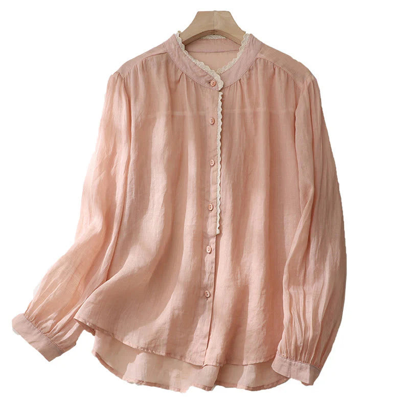 Buddha Stones Pure Color Lace Design Long Lantern Sleeve Women's Cotton Linen Shirt