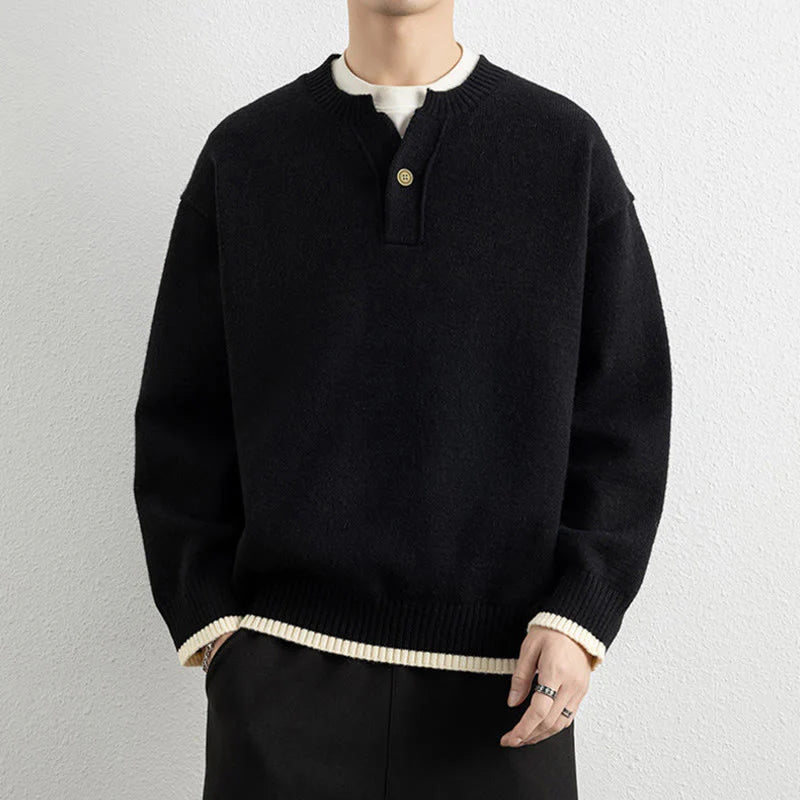 Buddha Stones Winter V-Neck One Button Design Warm Men's Long Sleeve Knitted Sweater