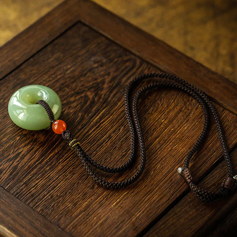 Buddha Stones Natural Round Jade Gray Jade Peace Buckle Luck Necklace Pendant