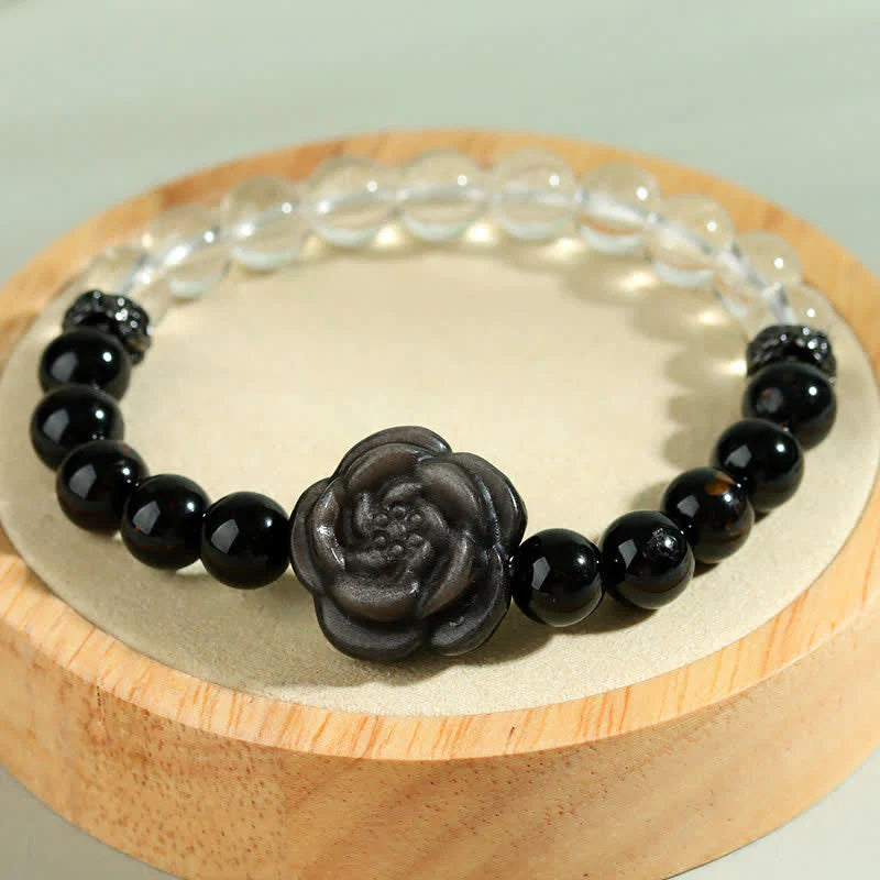 Buddha Stones Black Tourmaline Clear Quartz Carved Rose Flower Design Focus Bracelet