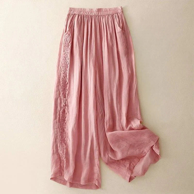 Buddha Stones Side Embroidery Design Women's 7-8 Length Wide Leg Pants With Pockets