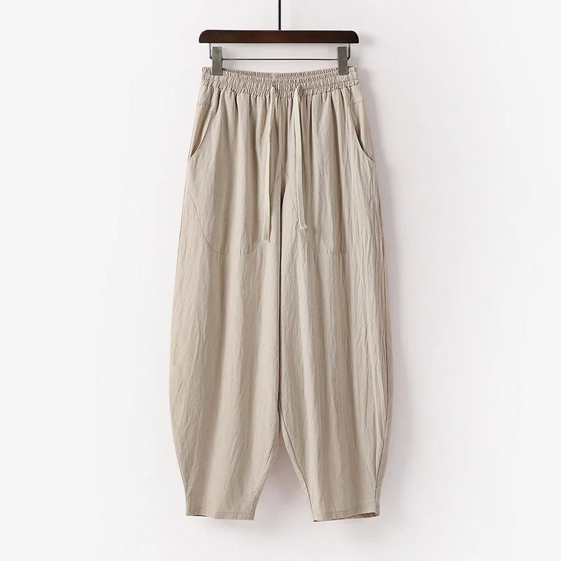Buddha Stones Spring Fall Solid Color Drawstring Men's Ankle-Length Harem Pants With Pockets