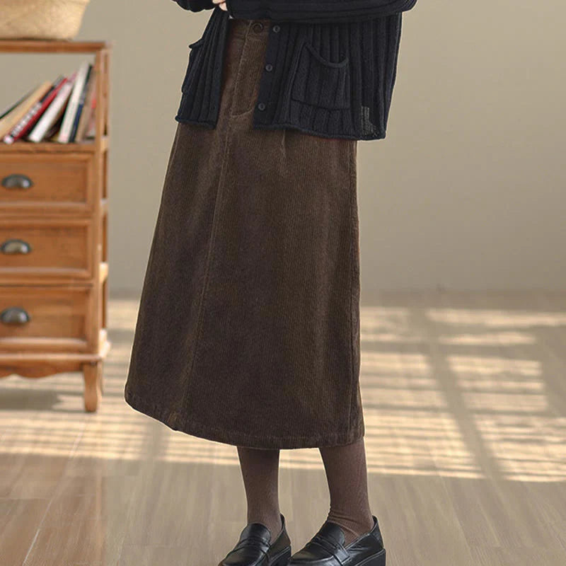 Buddha Stones Pure Color Elastic Waist Women's 7-8 Length Corduroy Skirt With Pockets