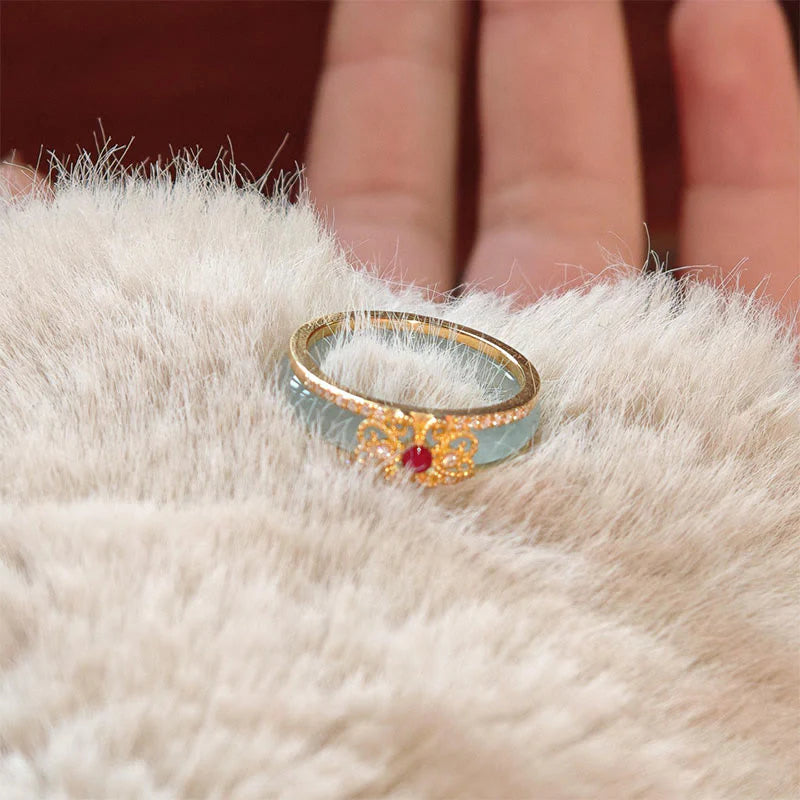 Buddha Stones Gold-Plated Copper Glass Flower Wealth Ring